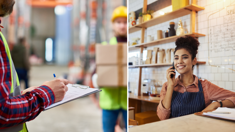 Left image: man writing on clipboard and another man holding a box wearing a hardhat. They are in a warehouse. Right image: Woman standing behind the counter of a coffee shop on the phone smiling.
