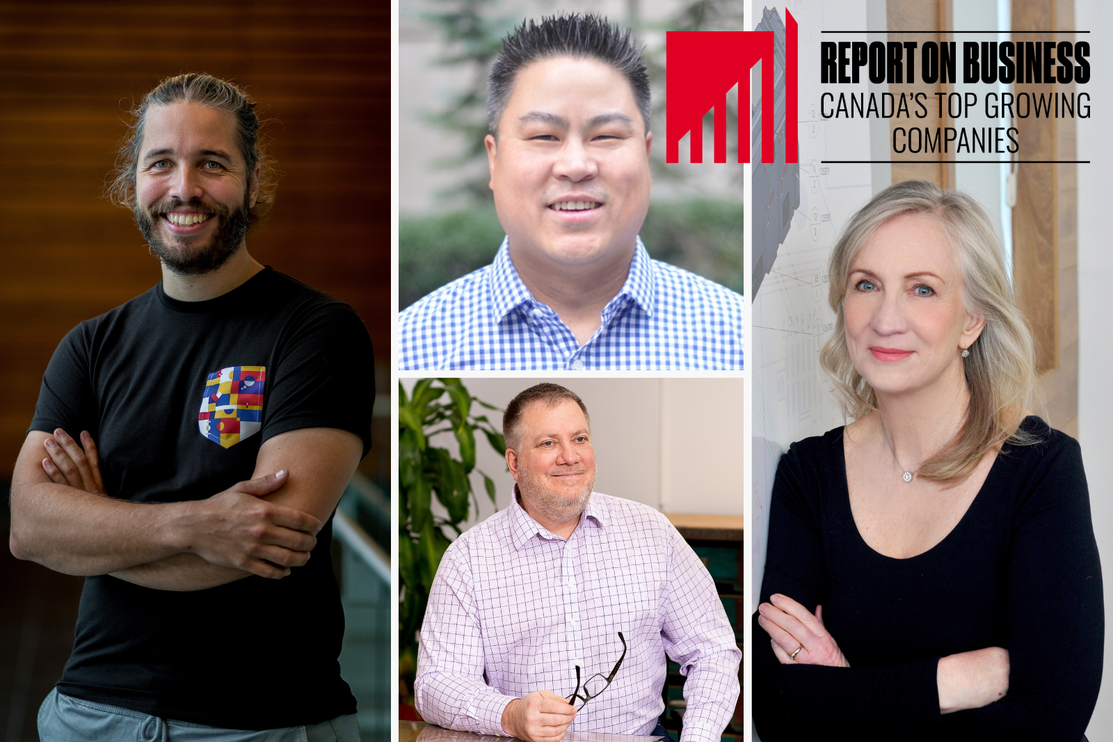 Collage of some TEC members who made the list of Canada's top growing companies from the Globe and Mail: Kevin Lim of Lim Geomatics, Lesley Gouldie of Thornhill Medical. Vincent Routhier of Lu Interactive Playgrounds, and Benoît Lemieux of Creos