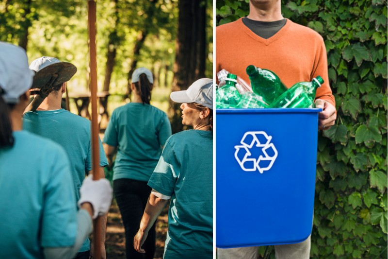 left image: group of people walking in a forest going to volunteer. Right image: person holding a recycling bin full of bottles. Both are ways to implement practice social responsibility.
