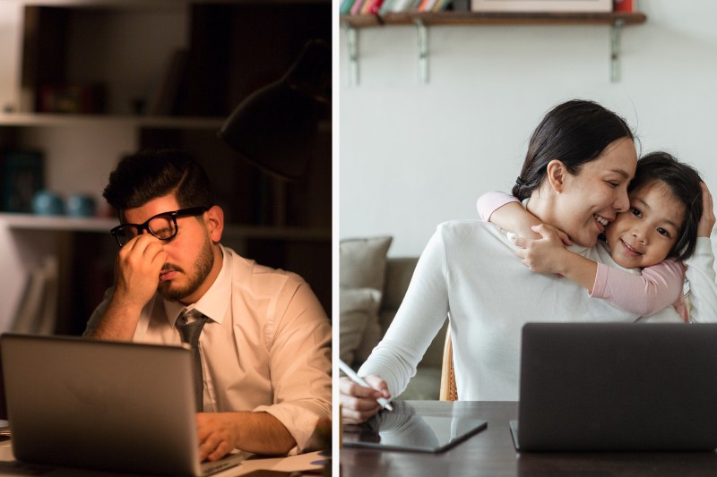 left image: man sitting at laptop in the dark looking tired. Right image: woman working on computer with daughter hugging her
