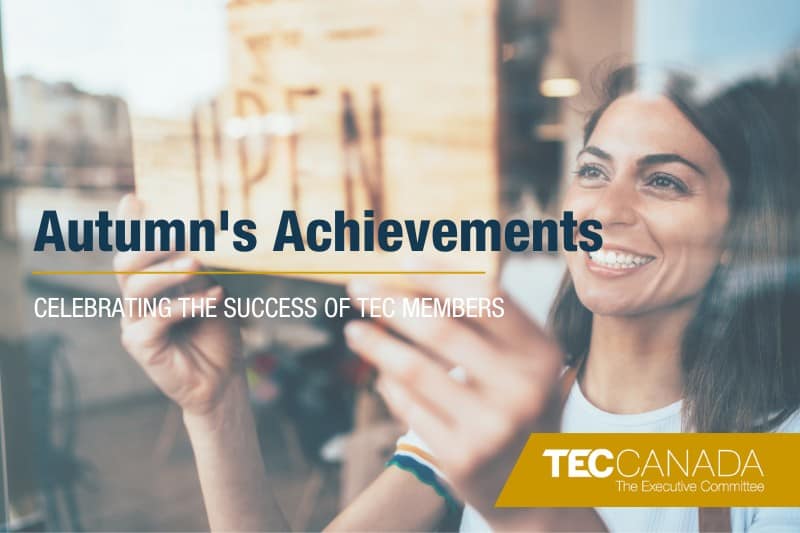 Woman holding an open sign on the window. Text reads: Autumn's achievements. Celebrating the success of TEC members. sign