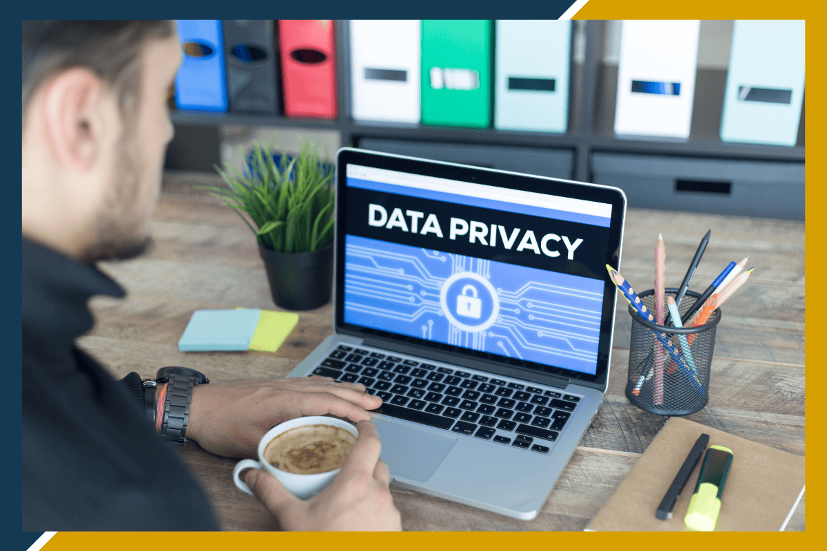 what_is_blockchain person sitting in front of a laptop that says "data privacy" on the screen
