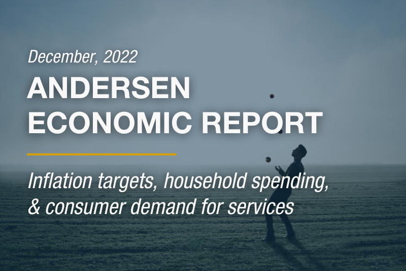 image of man juggling with text overtop: December, 2022 Andersen Economic Report. Inflation targets, household spending, & consumer demand for services